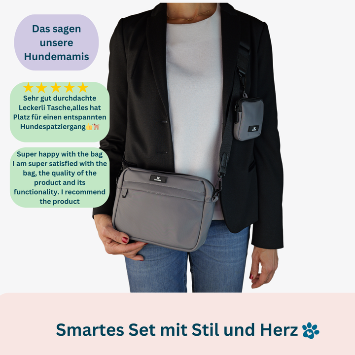 Taschen-Set für entspannte Spaziergänge stilvoll & funktional – elegante Gassi-Tasche und Leckerlitasche für Hundehalter:innen.