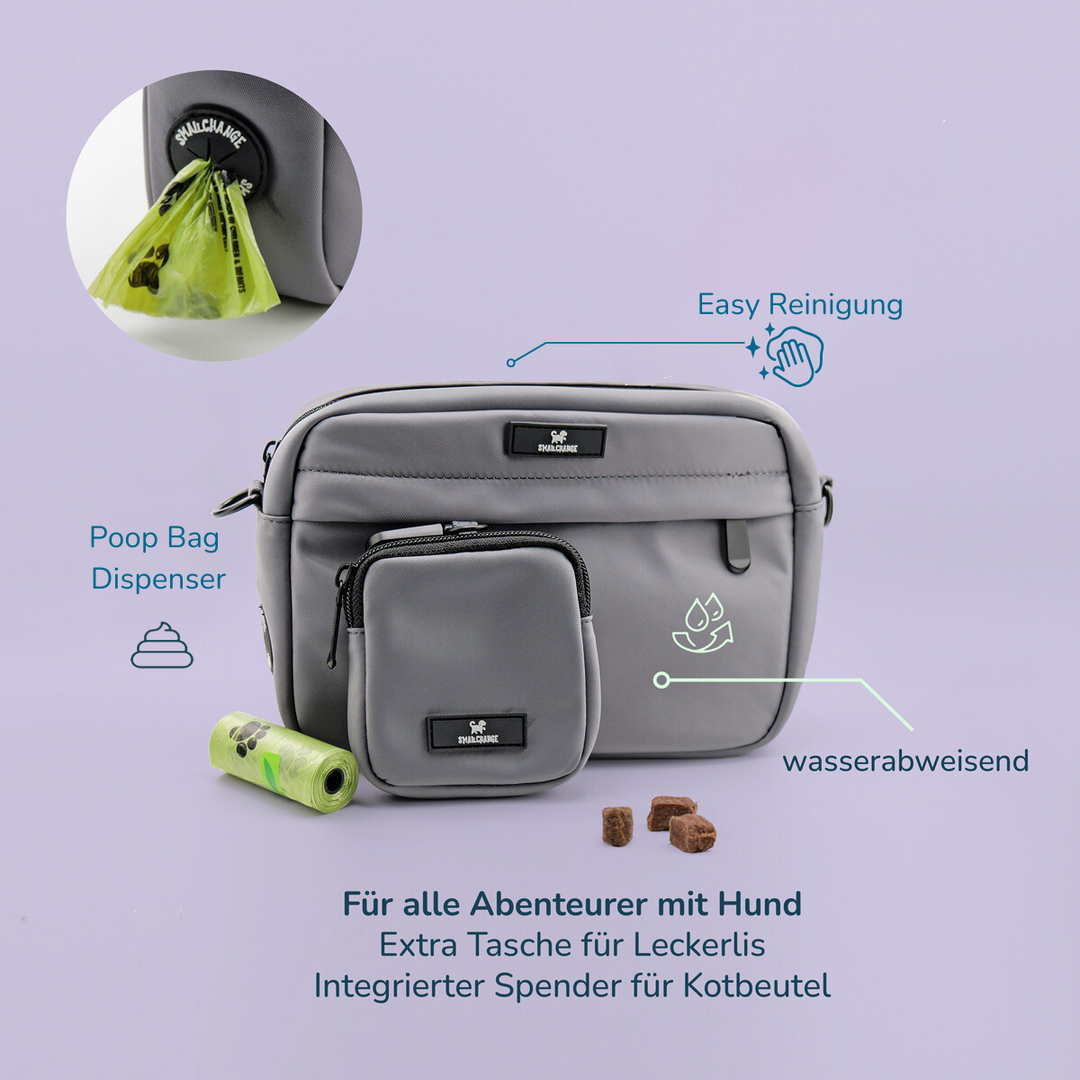 Taschen-Set für entspannte Spaziergänge stilvoll & funktional mit integriertem Kotbeutelspender und Leckerlitasche.