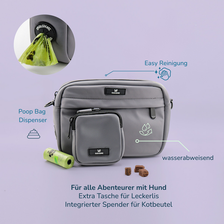 Taschen-Set für entspannte Spaziergänge stilvoll & funktional mit integriertem Kotbeutelspender und Leckerlitasche.