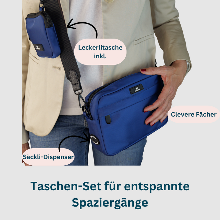 Taschen-Set für entspannte Spaziergänge stilvoll & funktional - Leckerlitasche und Säckli-Dispenser in Gebrauch.