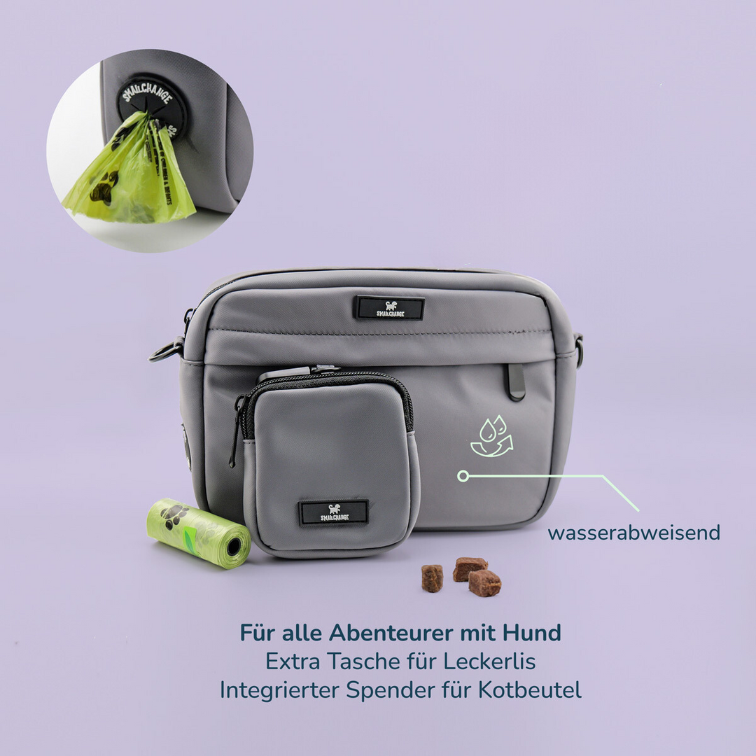 Taschen-Set für entspannte Spaziergänge stilvoll & funktional: wasserabweisende Tasche mit Fächern für Leckerlis und Kotbeutel.