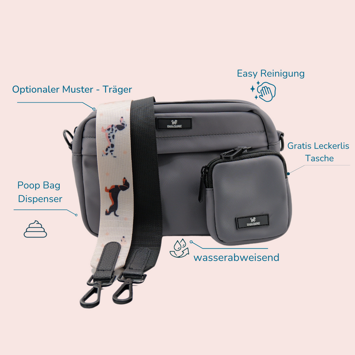 Taschen-Set für entspannte Spaziergänge stilvoll & funktional mit Leckerli- und Gassi-Tasche und frechem Träger, optional.