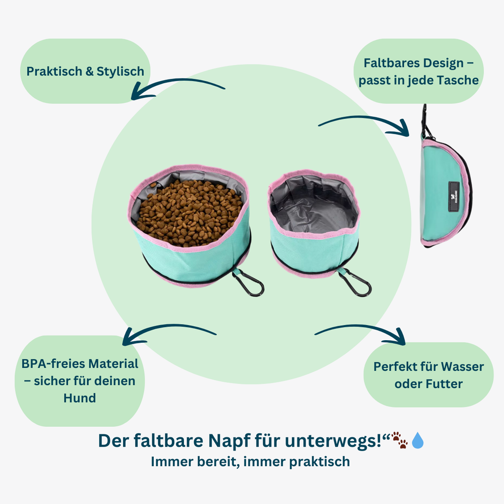 Gassi-Bundle Deluxe - On the Go Set zeigt faltbare Näpfe für Hunde, praktisch, stylisch und BPA-frei.