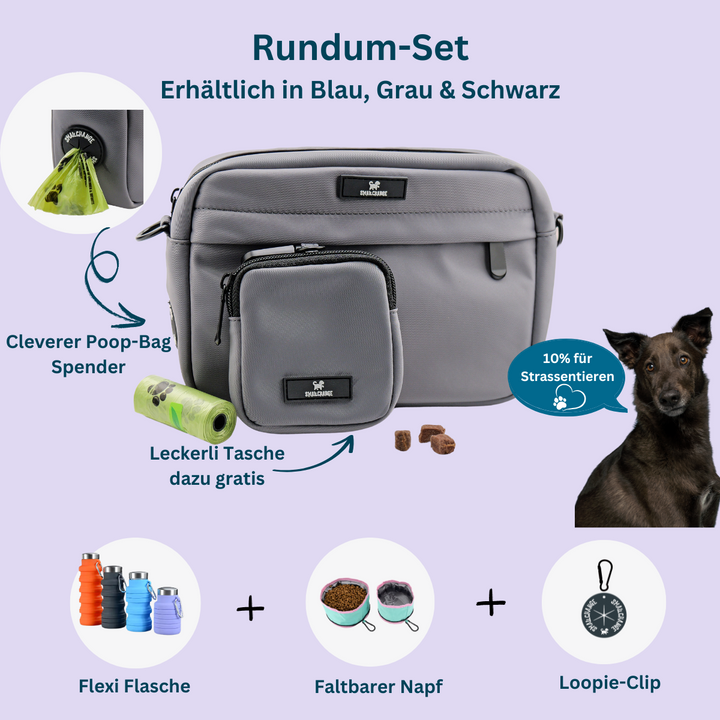 Graue Gassi-Tasche – stylische & praktische Hundetasche mit Stauraum und Poop-Bag-Spender von SmallChange