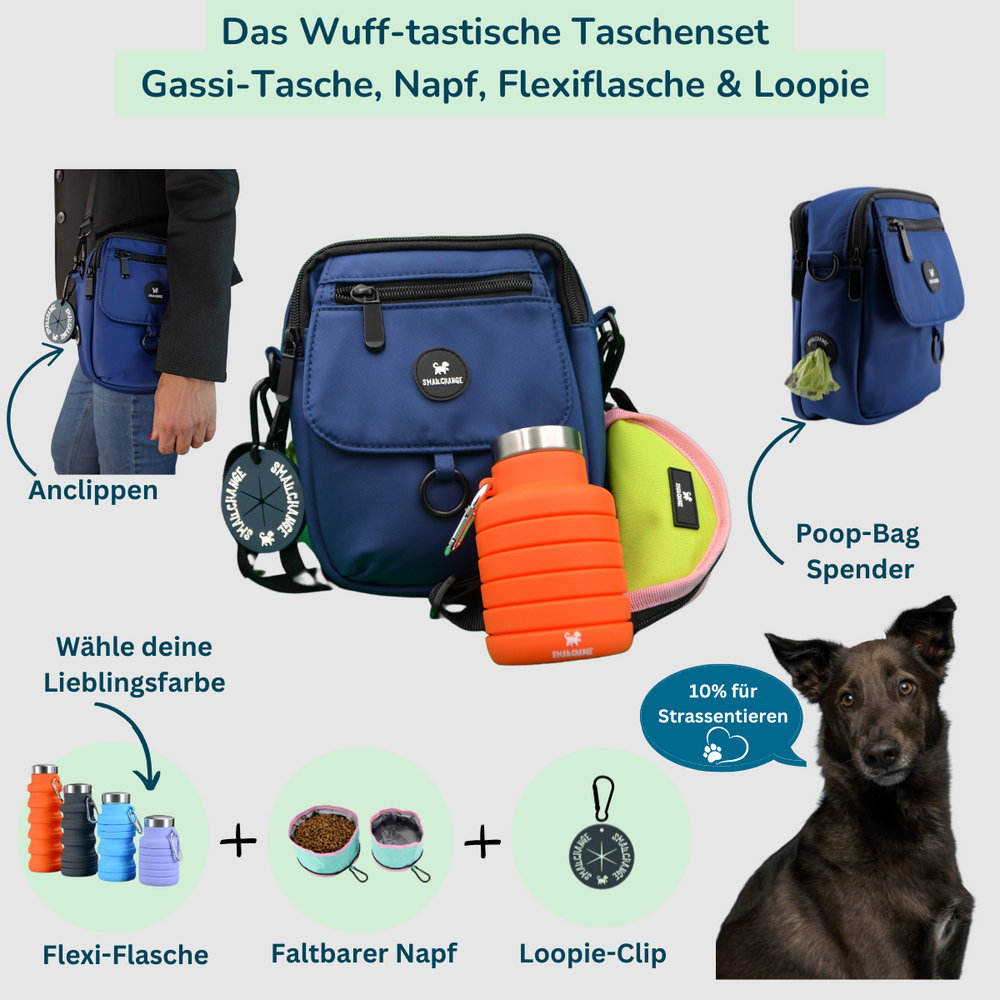 Wuff Gassi-Set 2.0 – sportliche Gassi-Tasche mit Flexi-Flasche, faltbarem Napf & gratis Loopie für unterwegs